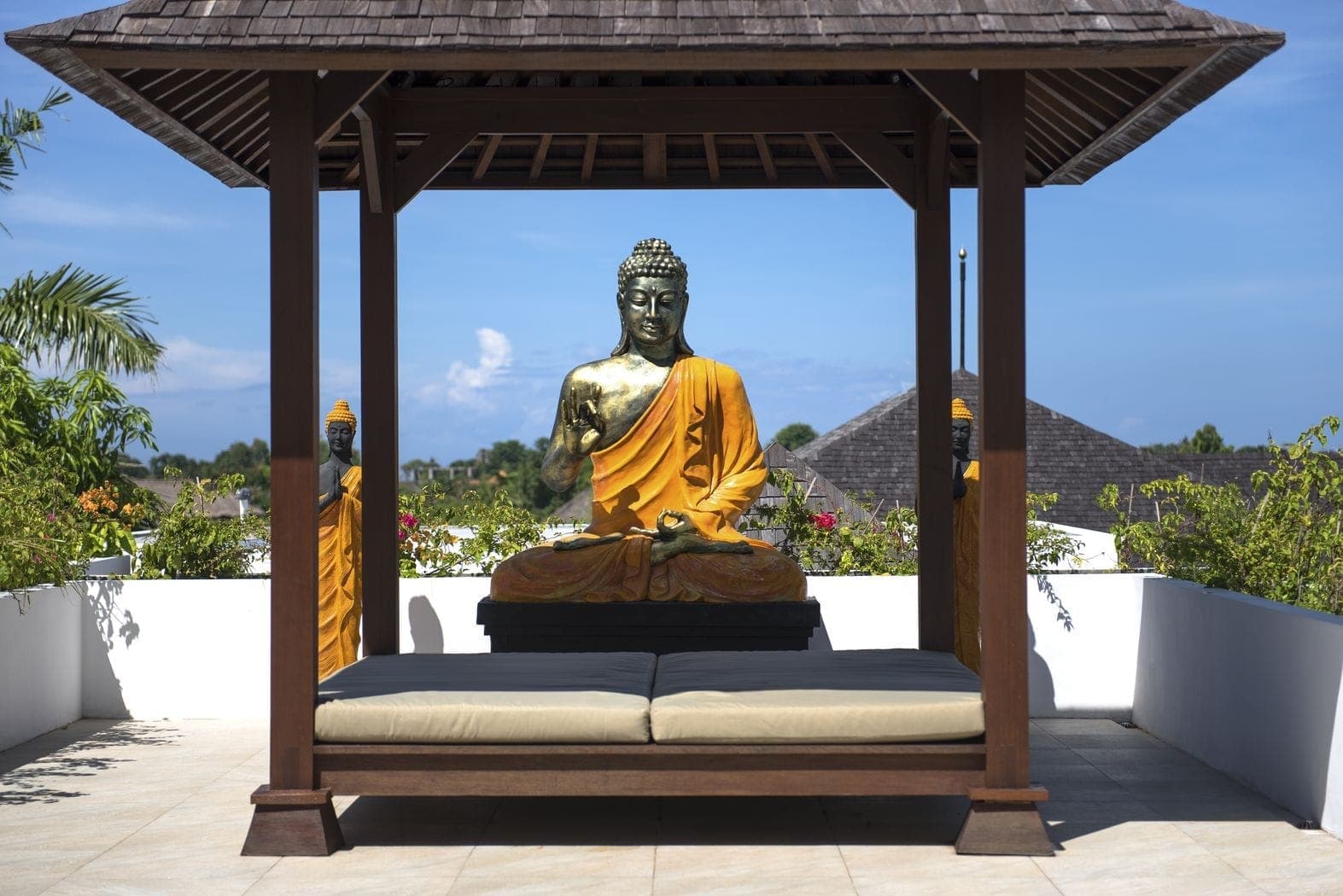 Evening light over the sky terrace at Anam Villa